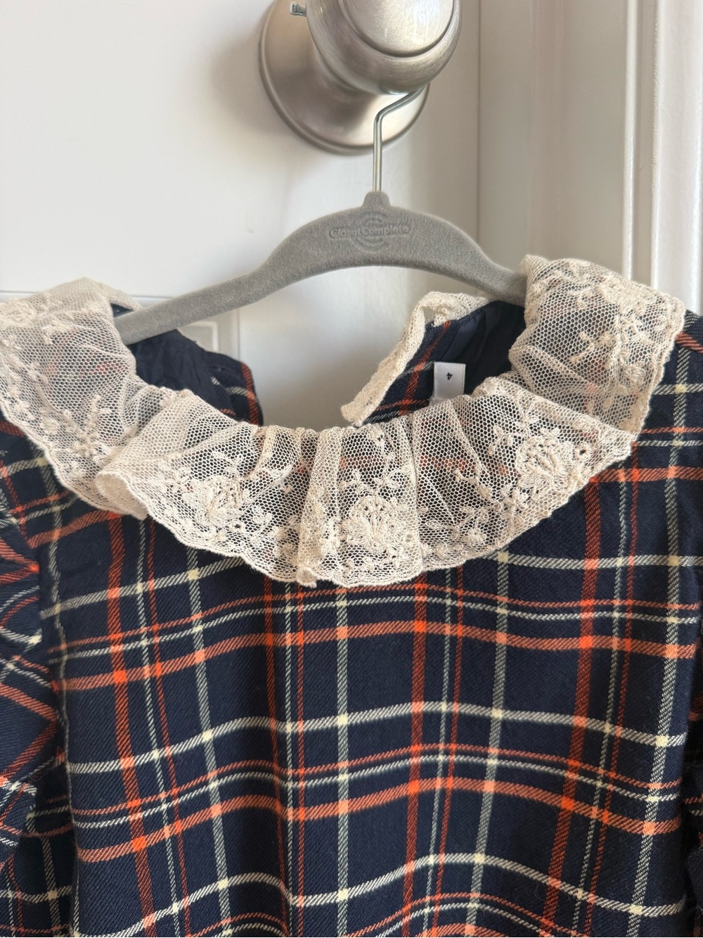 Bonpoint Girls Navy Plaid Lace-Collar Top